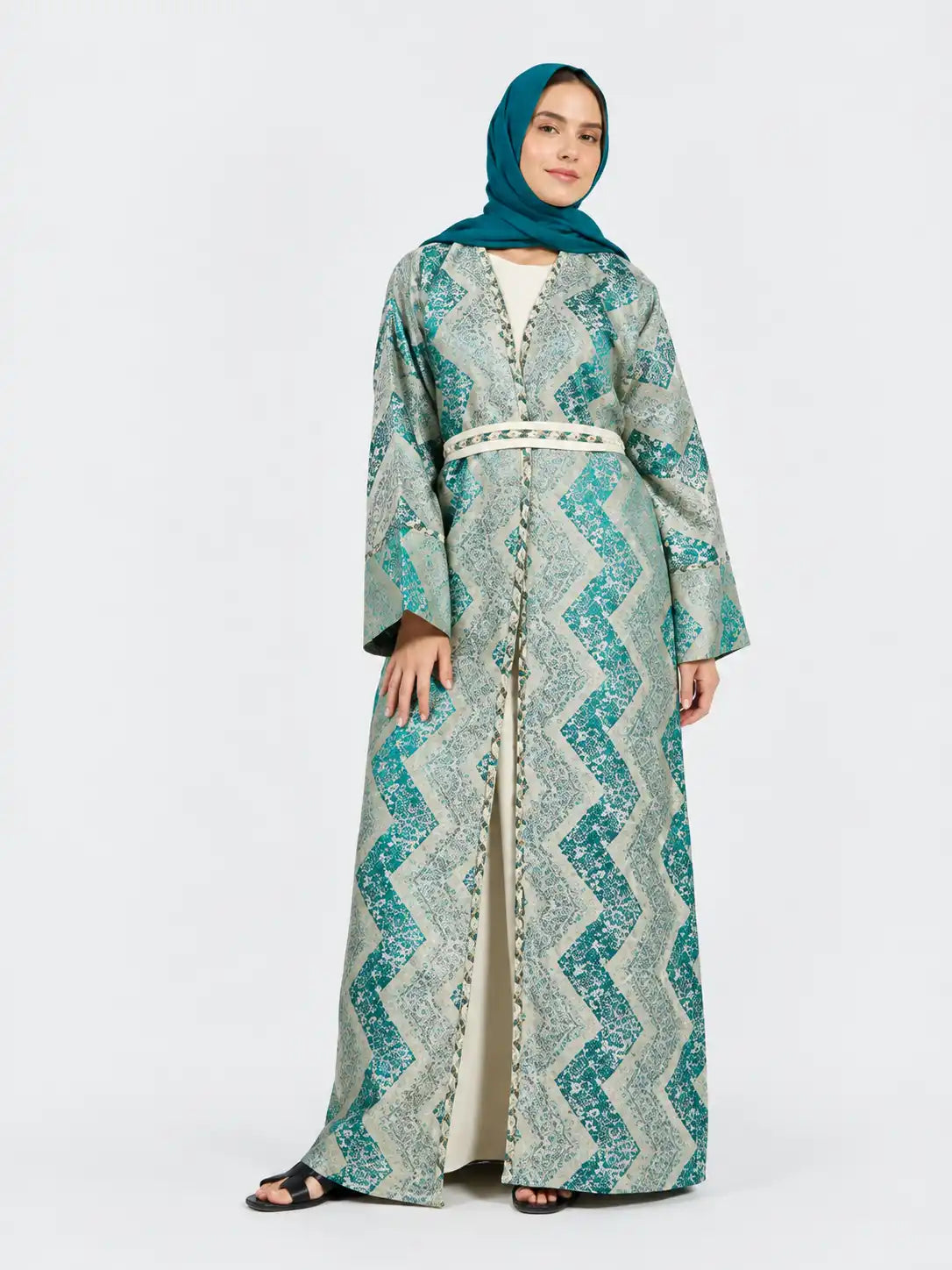 Teal Patterned Open Abaya
