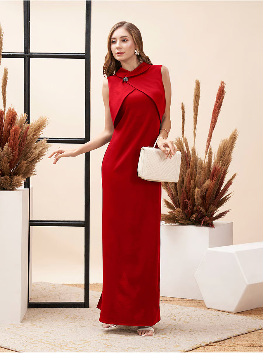 Collared Overlap Detail Maxi Dress with Back Slit