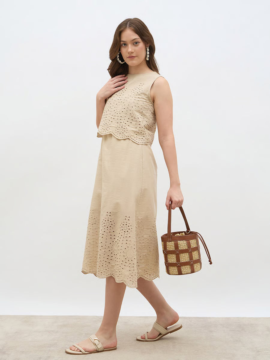 Women Beige Schiffli Sleeveless A-Line Midi Dress
