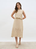 Women Beige Schiffli Sleeveless A-Line Midi Dress