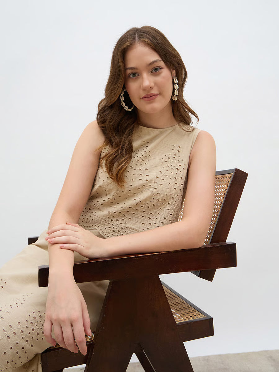 Women Beige Schiffli Sleeveless A-Line Midi Dress