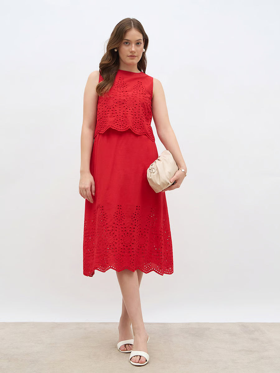 Women Red Schiffli Sleeveless A-Line Midi Dress