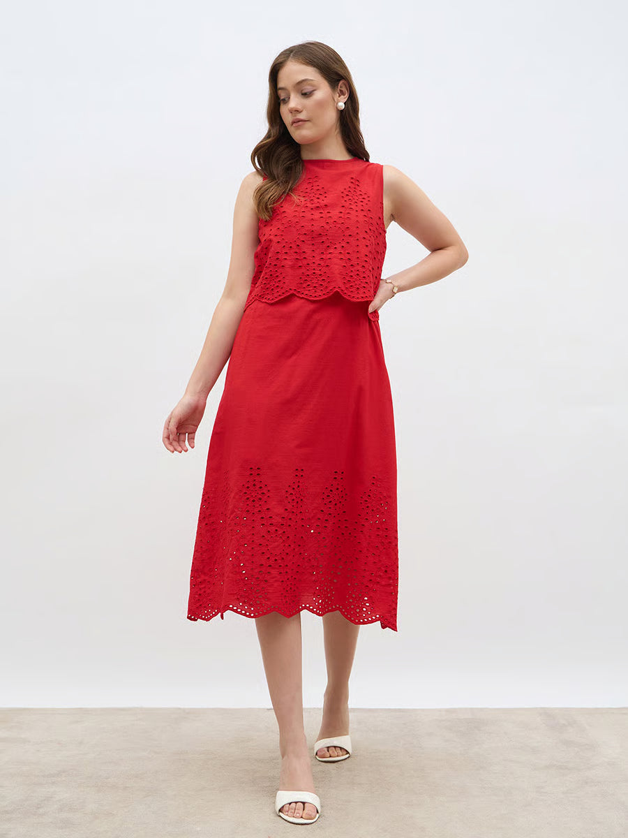 Women Red Schiffli Sleeveless A-Line Midi Dress