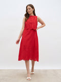 Women Red Schiffli Sleeveless A-Line Midi Dress