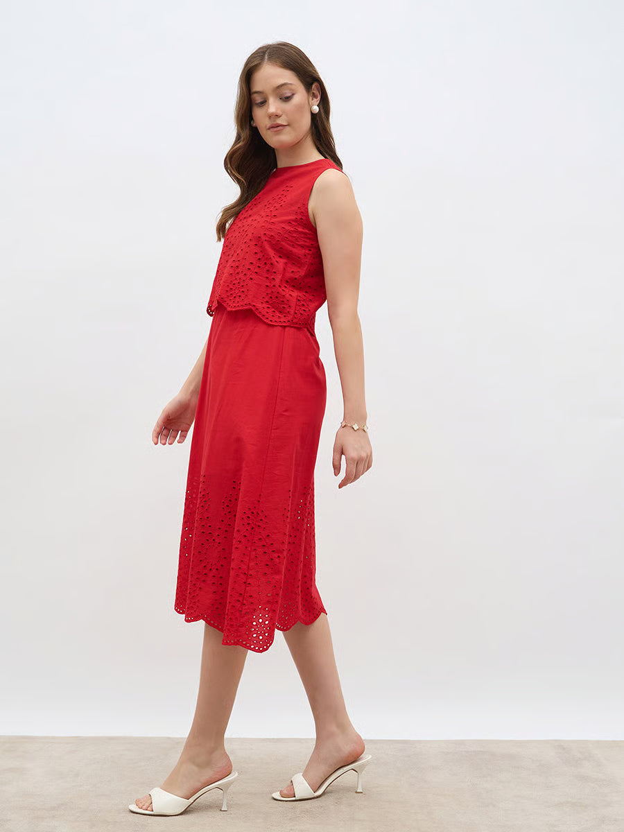 Women Red Schiffli Sleeveless A-Line Midi Dress