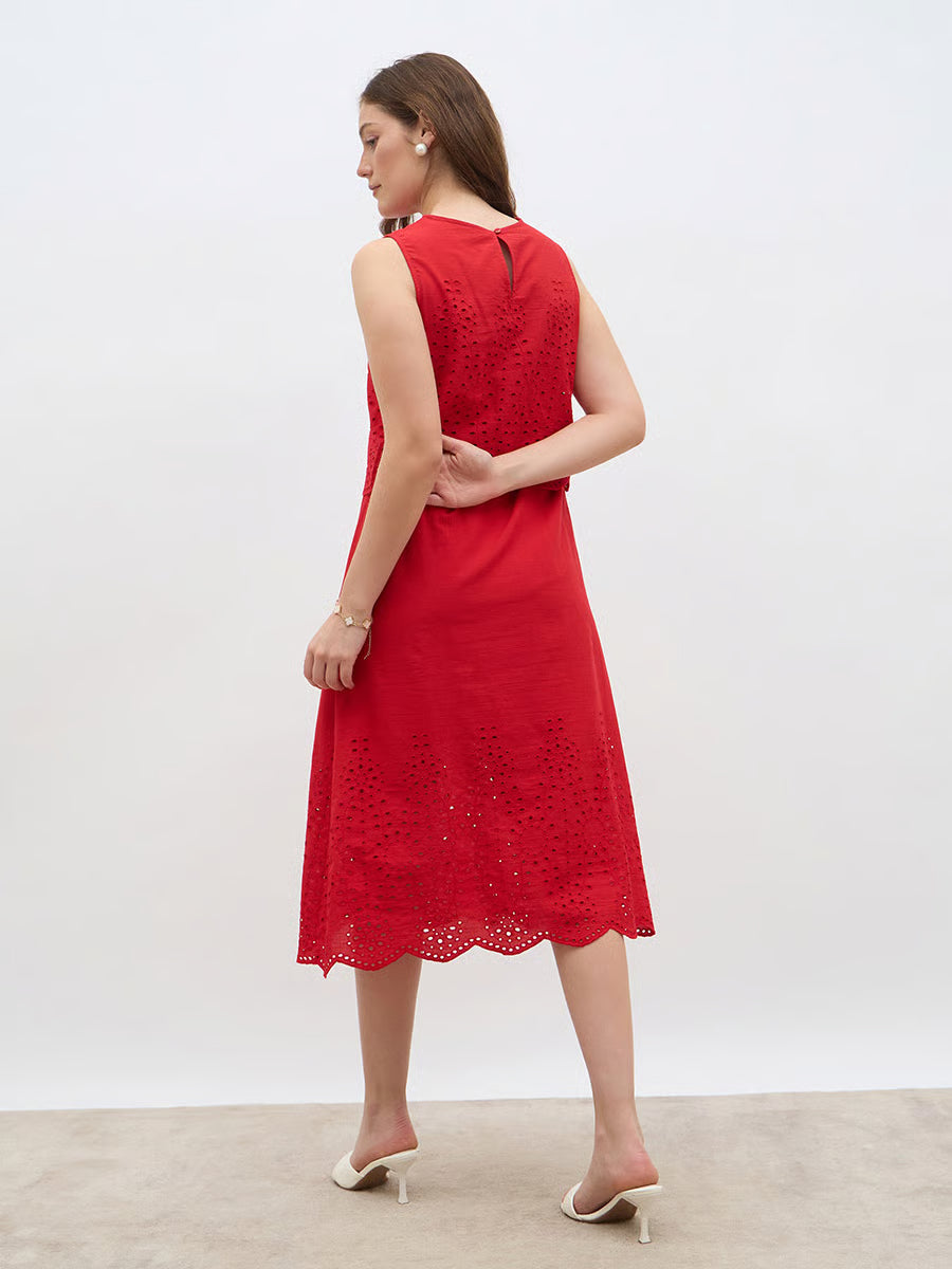 Women Red Schiffli Sleeveless A-Line Midi Dress