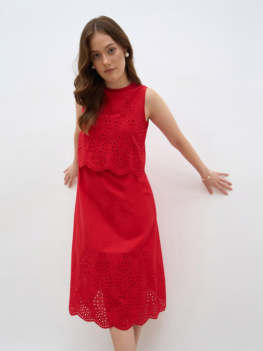 Women Red Schiffli Sleeveless A-Line Midi Dress