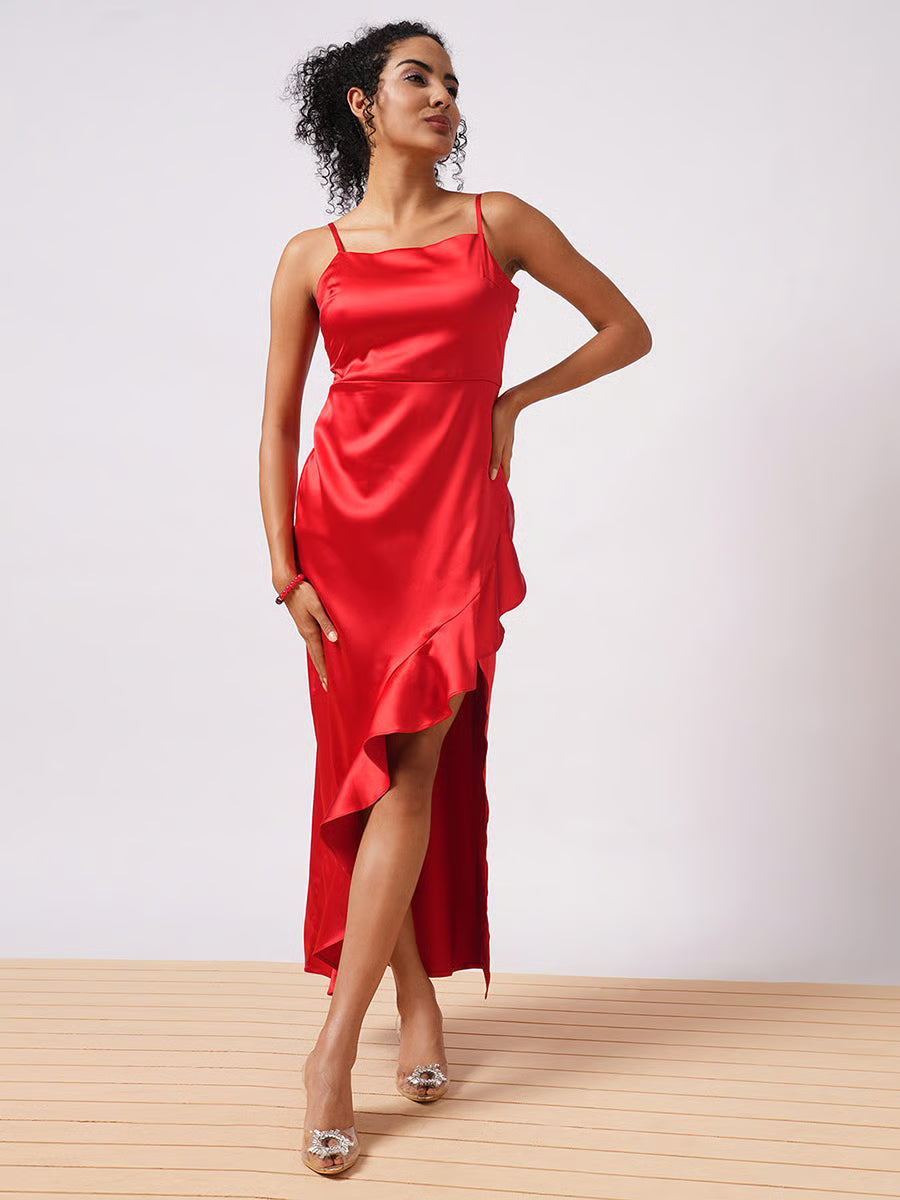 Women Red Solid Satin Asymmetric Hem Sheath Maxi Dress with Ruffle Detail
