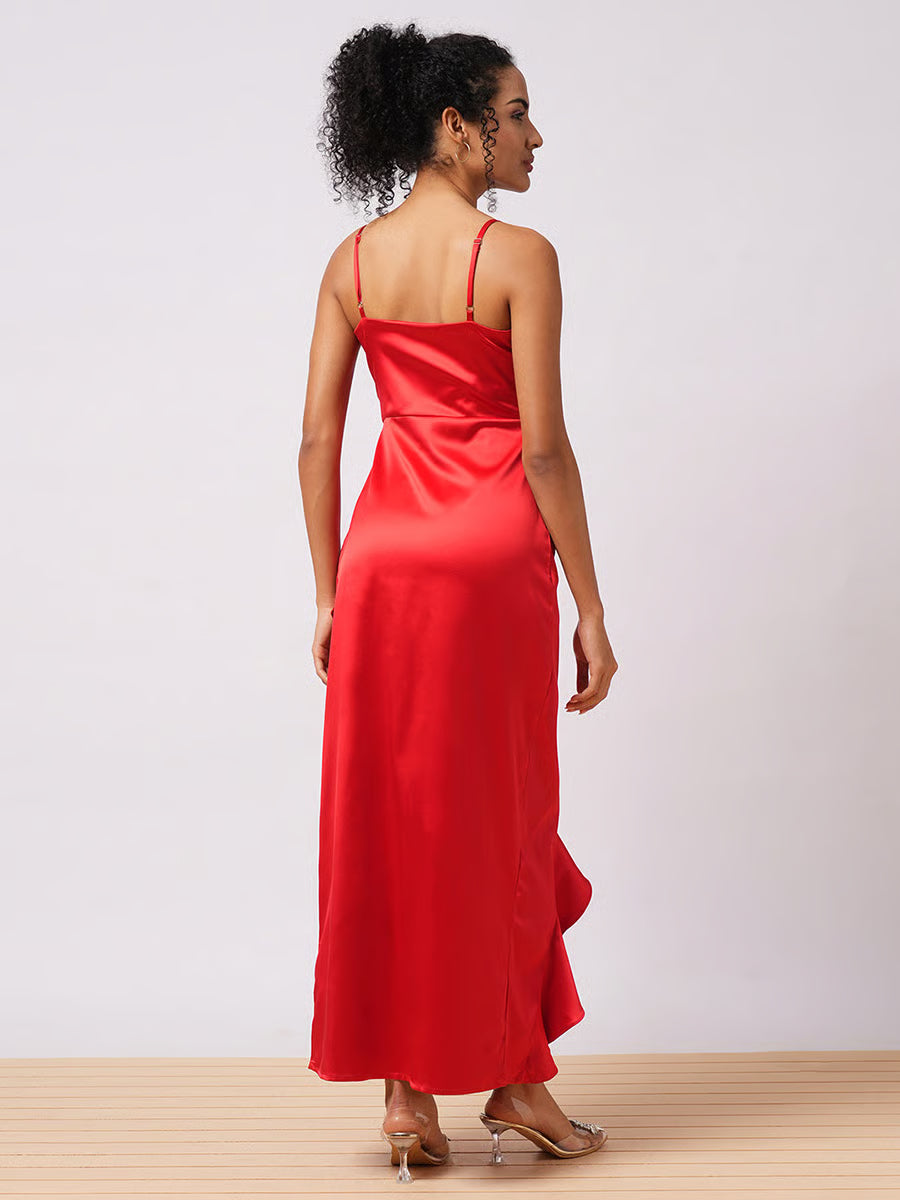 Women Red Solid Satin Asymmetric Hem Sheath Maxi Dress with Ruffle Detail
