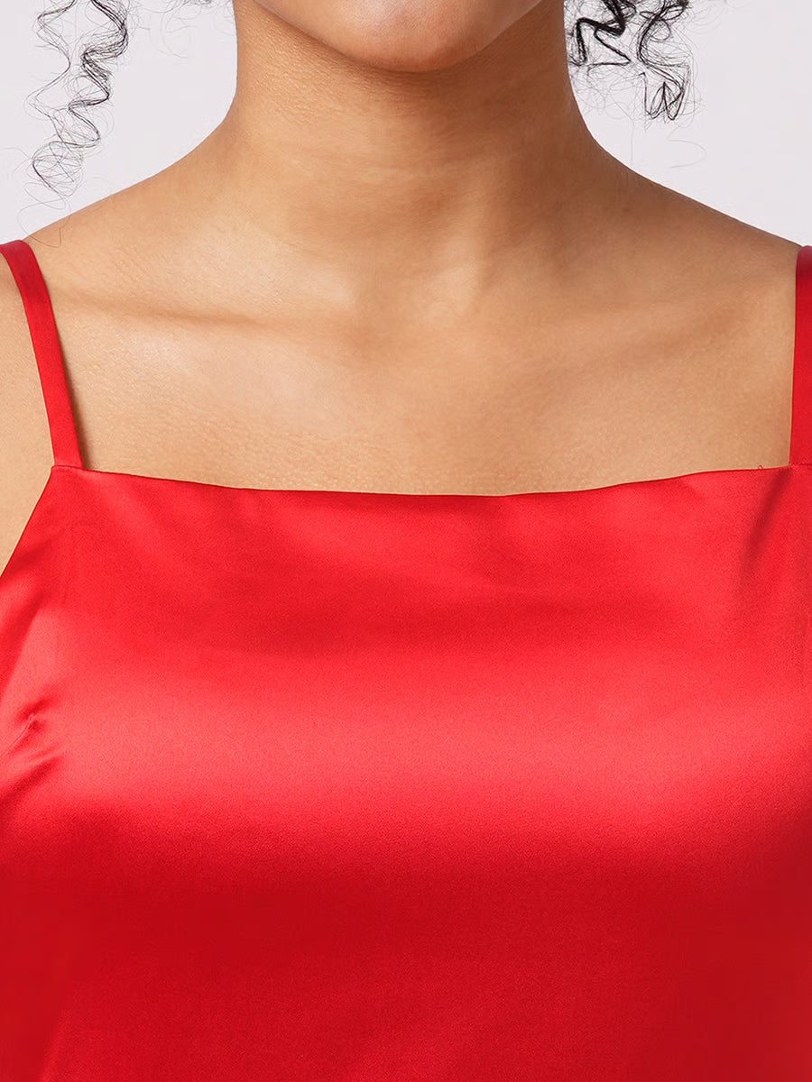 Women Red Solid Satin Asymmetric Hem Sheath Maxi Dress with Ruffle Detail