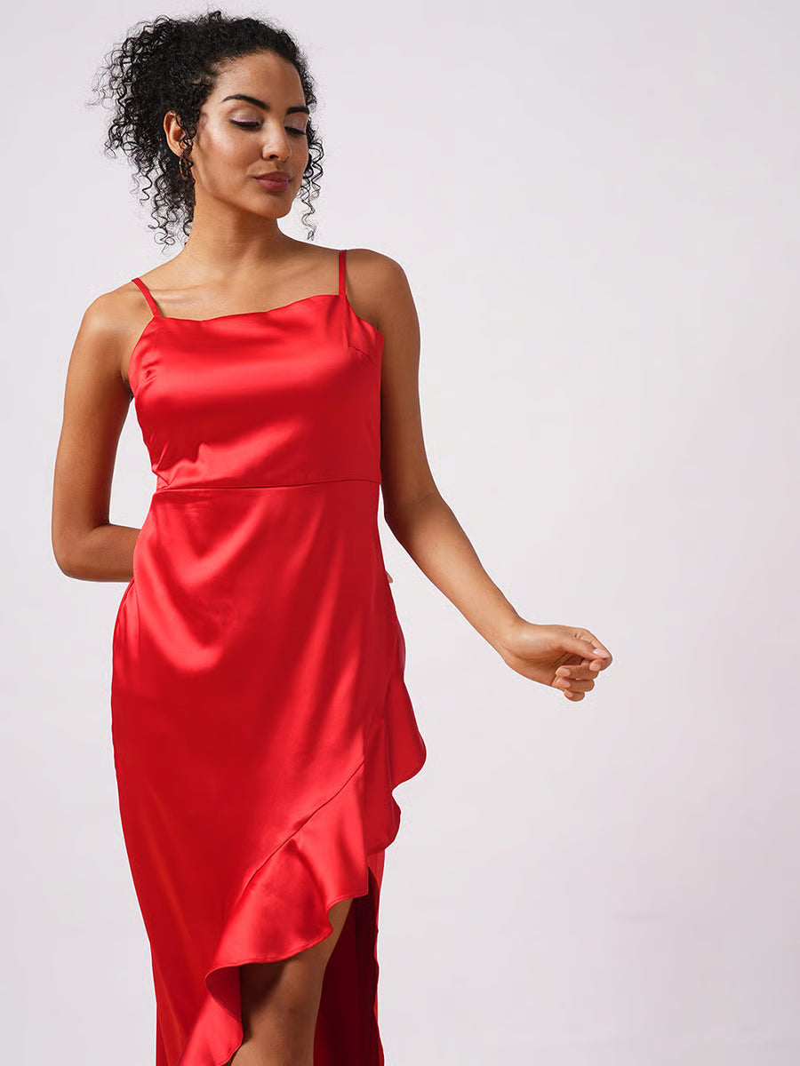 Women Red Solid Satin Asymmetric Hem Sheath Maxi Dress with Ruffle Detail