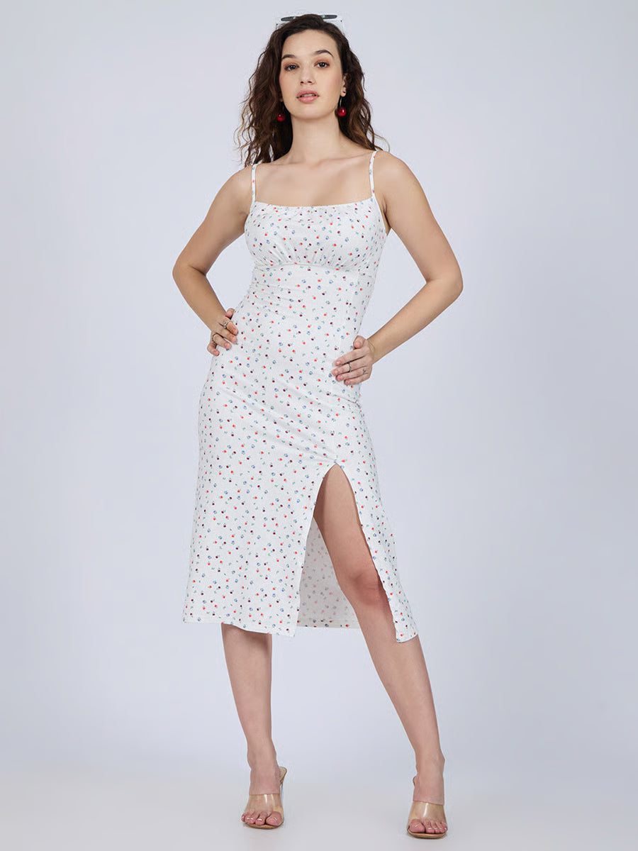 White Strappy Ditsy Print Midi Dress With Slit