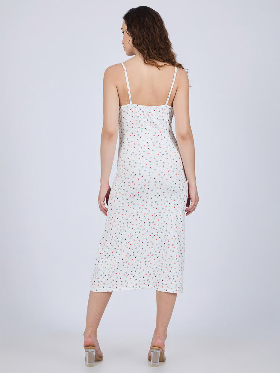 White Strappy Ditsy Print Midi Dress With Slit