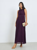 Maroon Pleated Sleeveless Maxi Dress