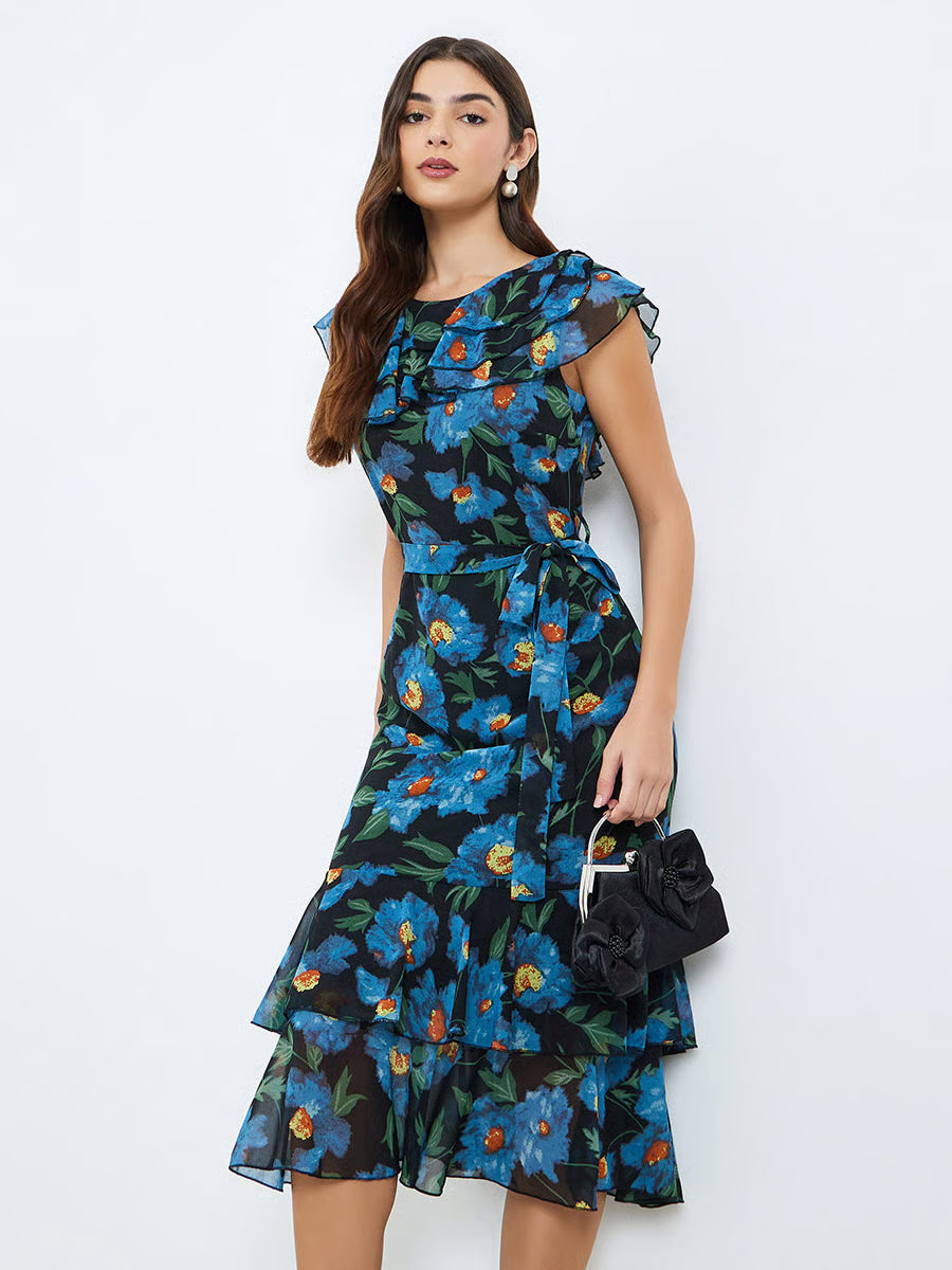 Women Floral Print Frill Sleeves Sheath Midi Dress