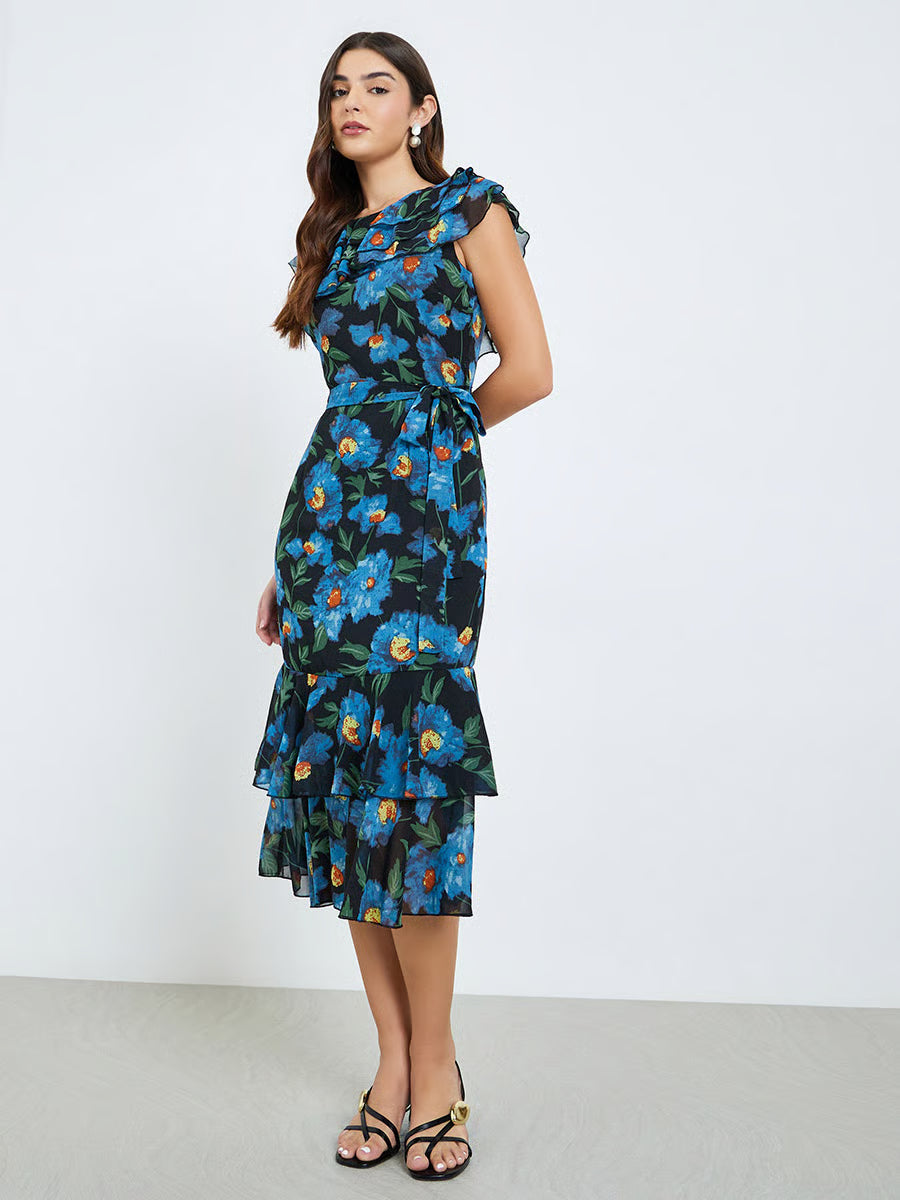 Women Floral Print Frill Sleeves Sheath Midi Dress