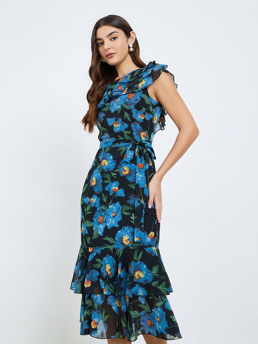 Women Floral Print Frill Sleeves Sheath Midi Dress