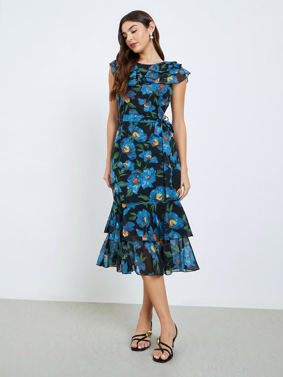 Women Floral Print Frill Sleeves Sheath Midi Dress