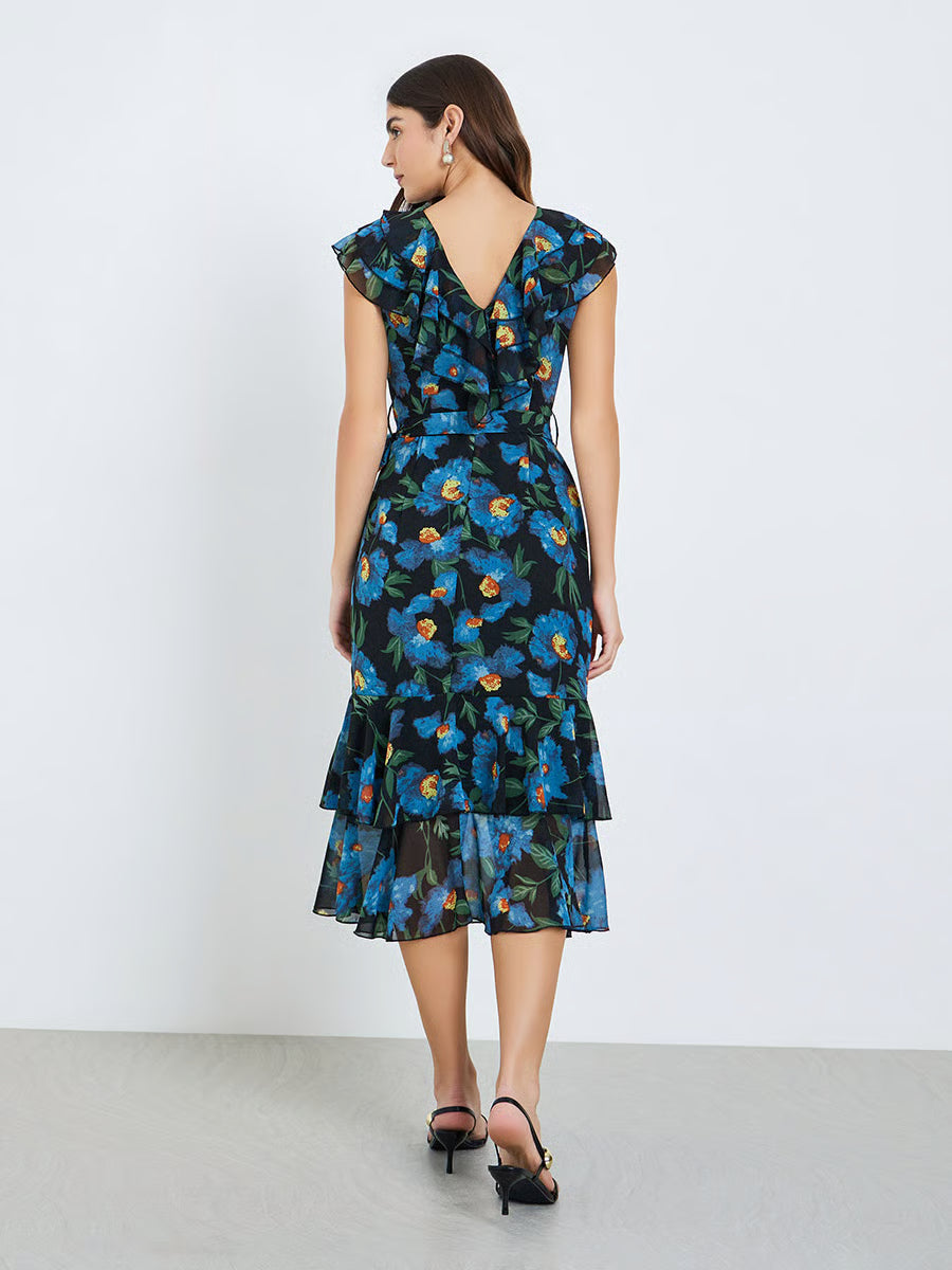 Women Floral Print Frill Sleeves Sheath Midi Dress