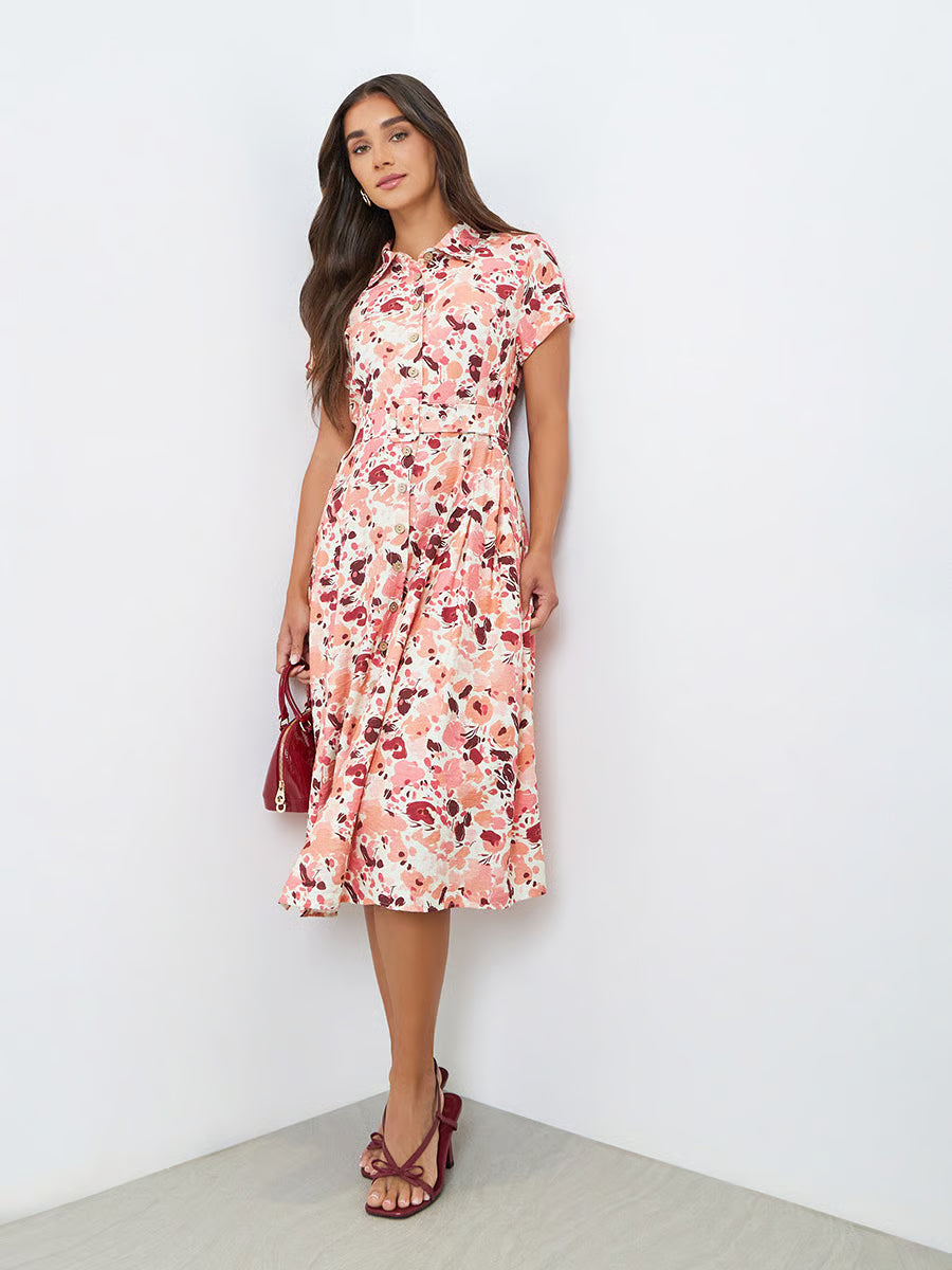 Women Pink Floral Print Shirt Midi Dress