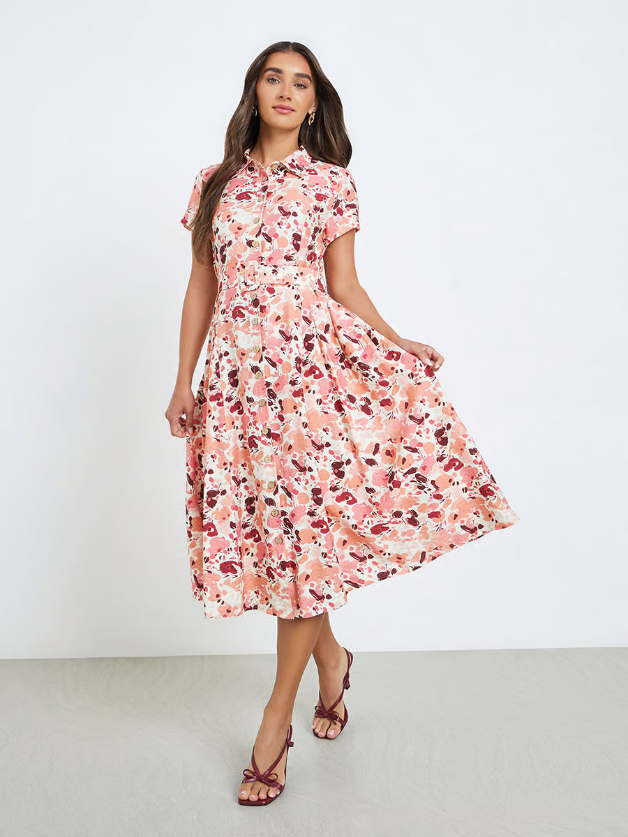 Women Pink Floral Print Shirt Midi Dress