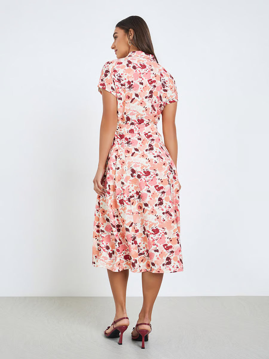 Women Pink Floral Print Shirt Midi Dress