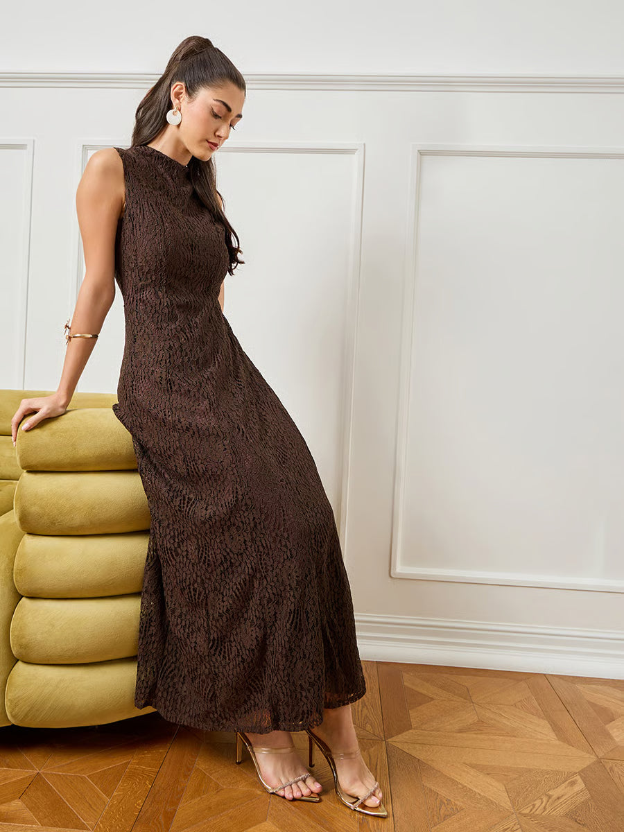 Brown Sleeveless Lace Maxi Dress