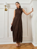 Brown Sleeveless Lace Maxi Dress