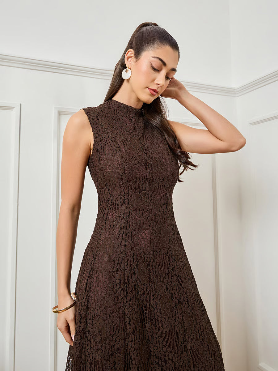 Brown Sleeveless Lace Maxi Dress