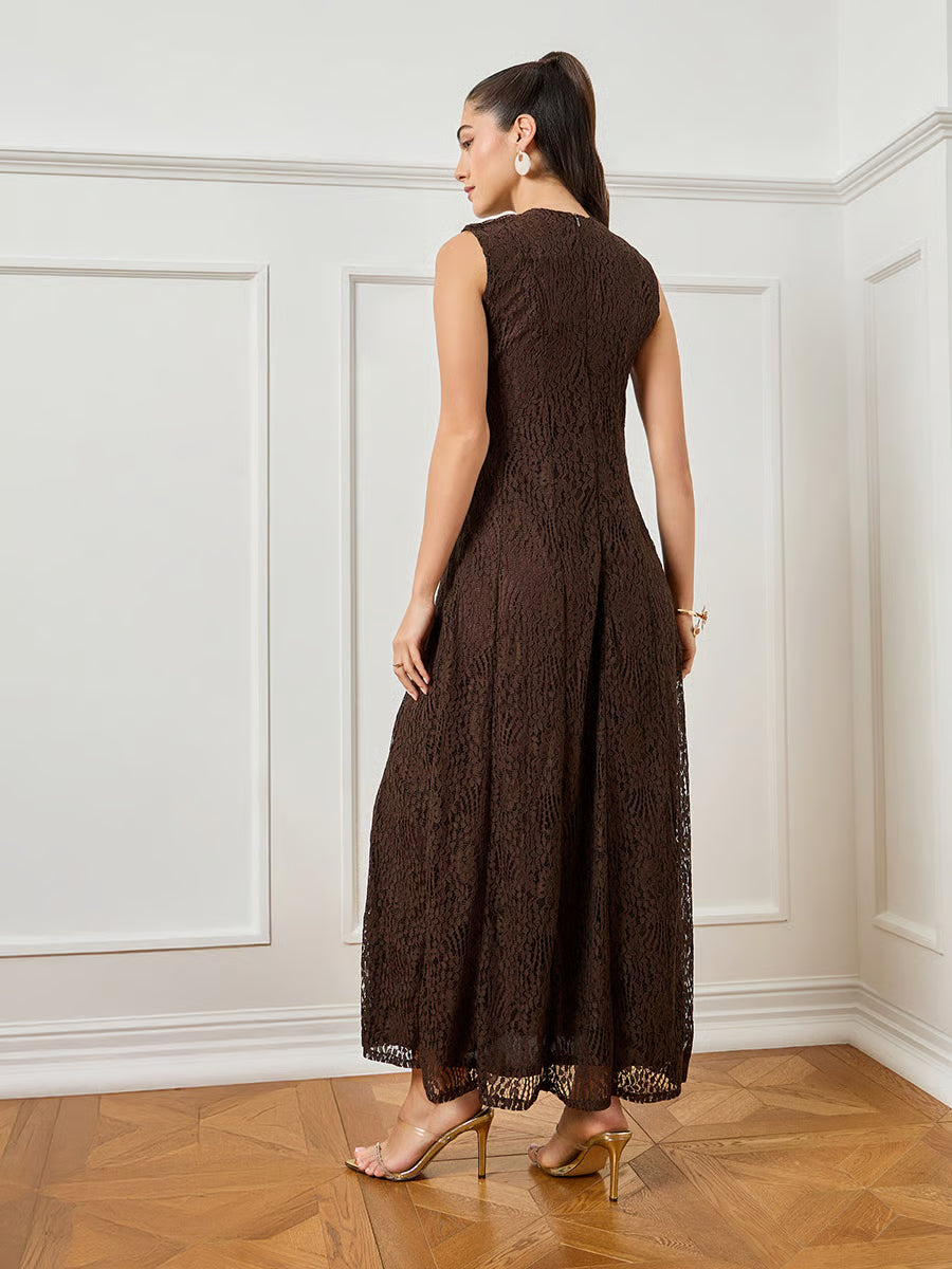 Brown Sleeveless Lace Maxi Dress