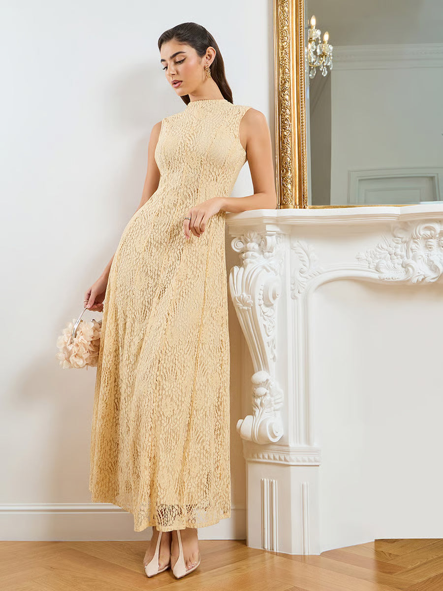 Cream Sleeveless Lace Maxi Dress
