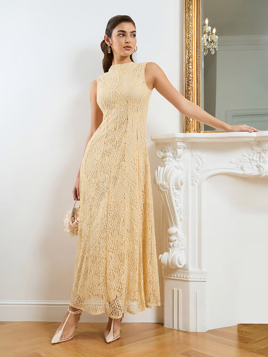 Cream Sleeveless Lace Maxi Dress