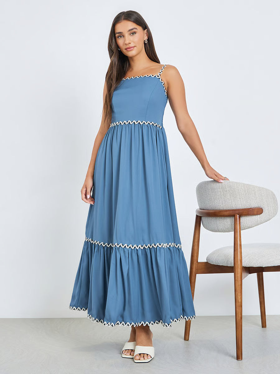 Blue Ric-Rac Trim Strappy Maxi Dress