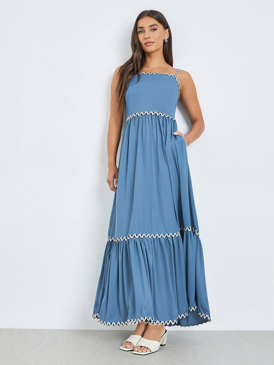 Blue Ric-Rac Trim Strappy Maxi Dress