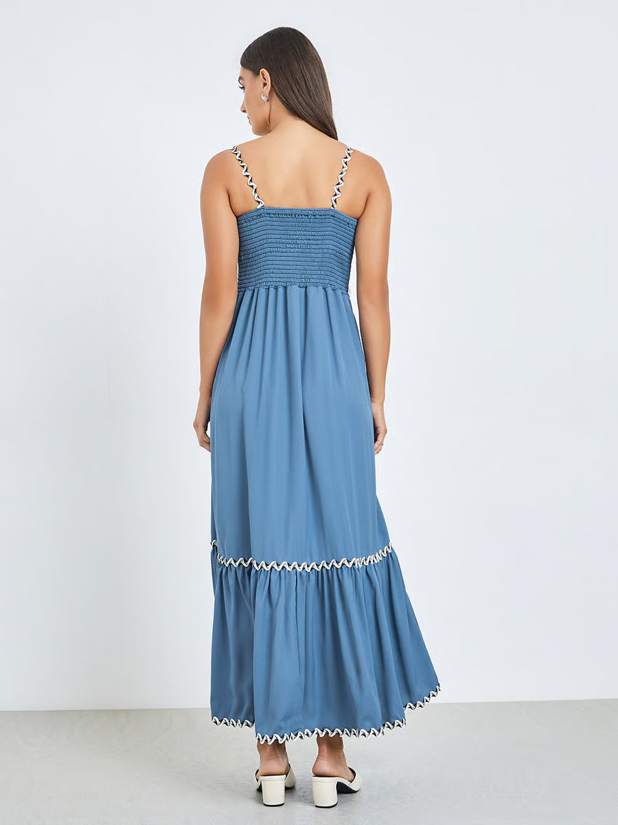 Blue Ric-Rac Trim Strappy Maxi Dress