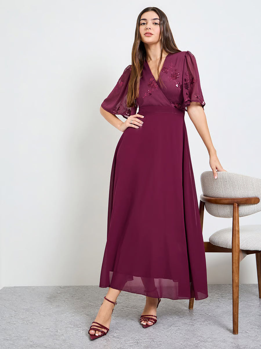 Maroon Embellished Short Sleeves A-Line Maxi Dress