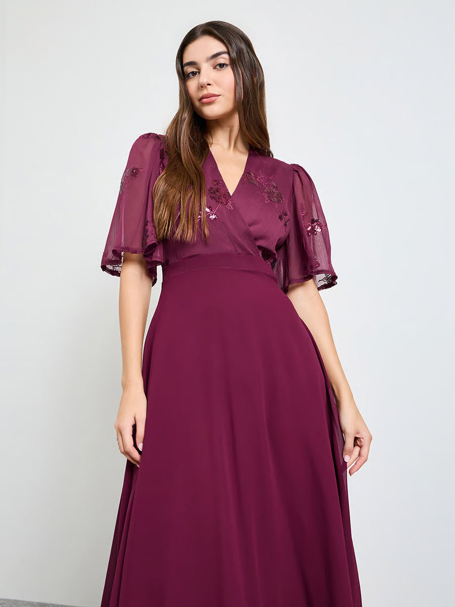 Maroon Embellished Short Sleeves A-Line Maxi Dress