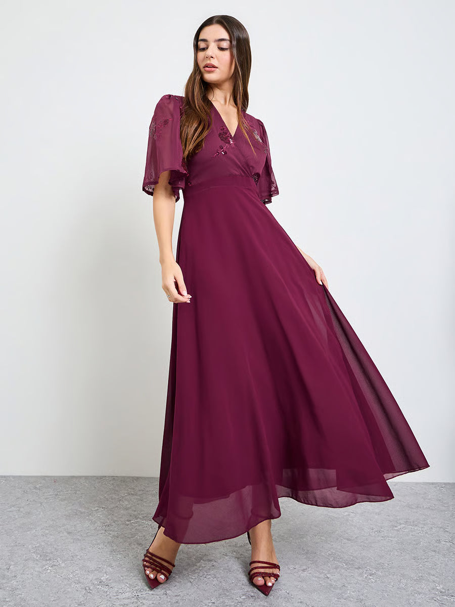 Maroon Embellished Short Sleeves A-Line Maxi Dress