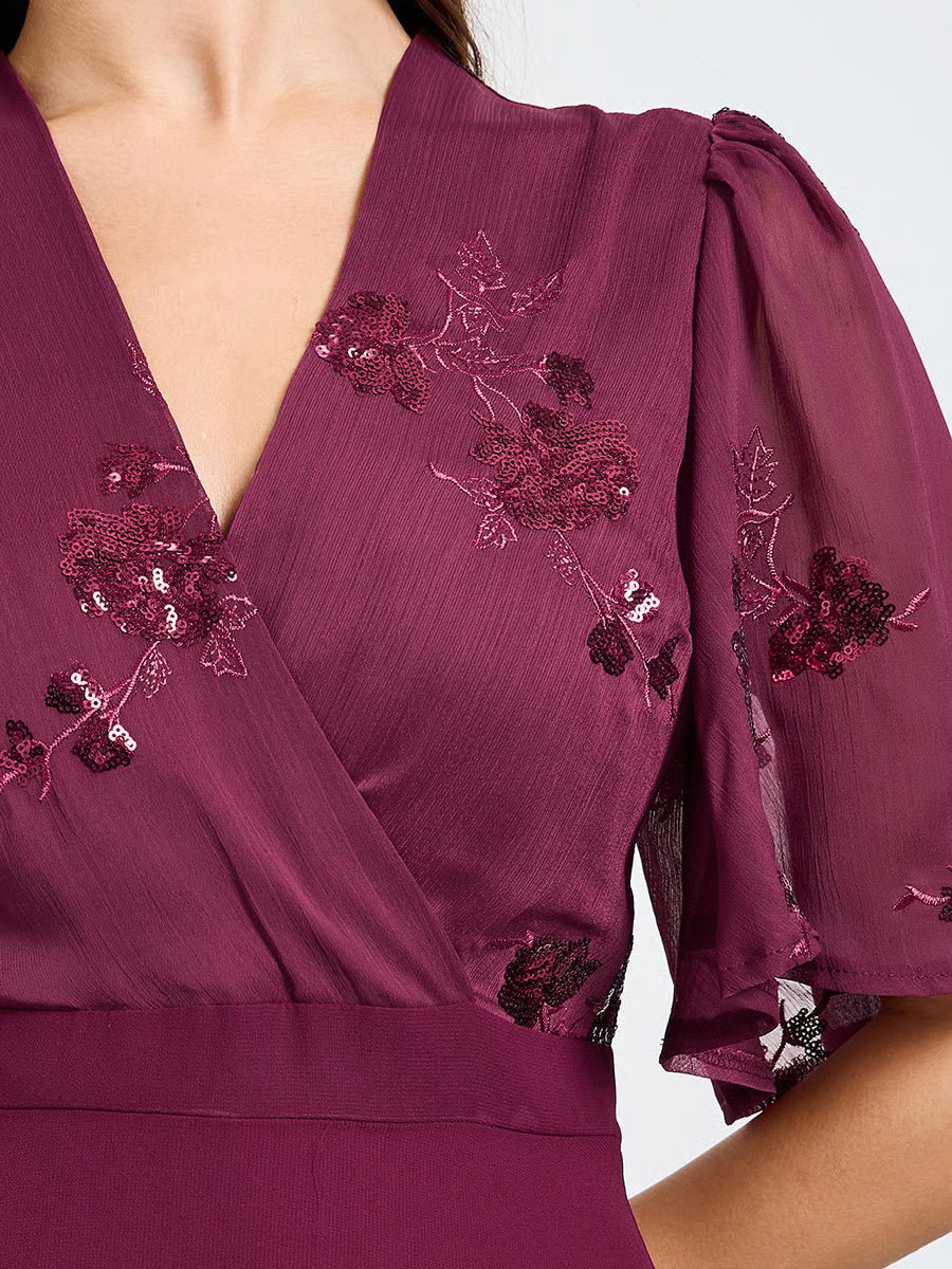 Maroon Embellished Short Sleeves A-Line Maxi Dress