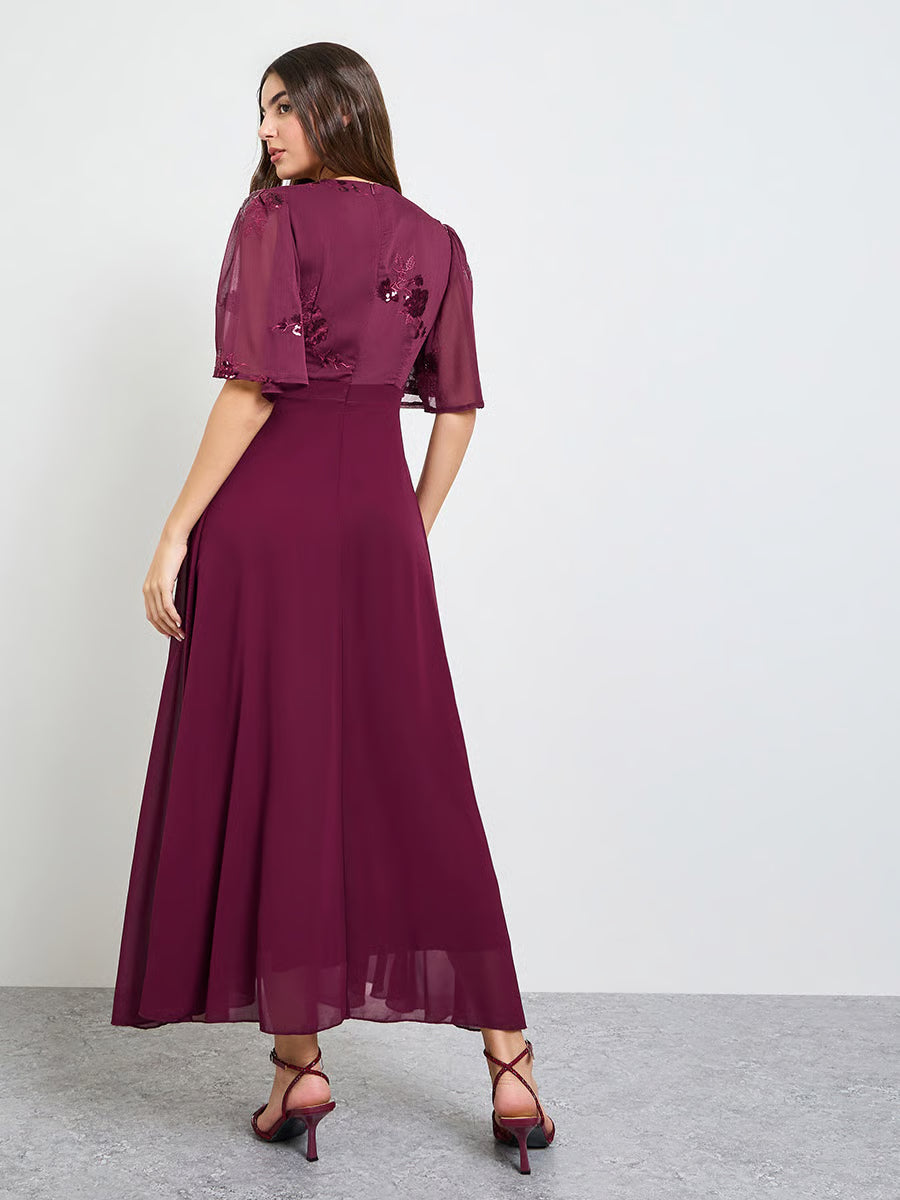 Maroon Embellished Short Sleeves A-Line Maxi Dress