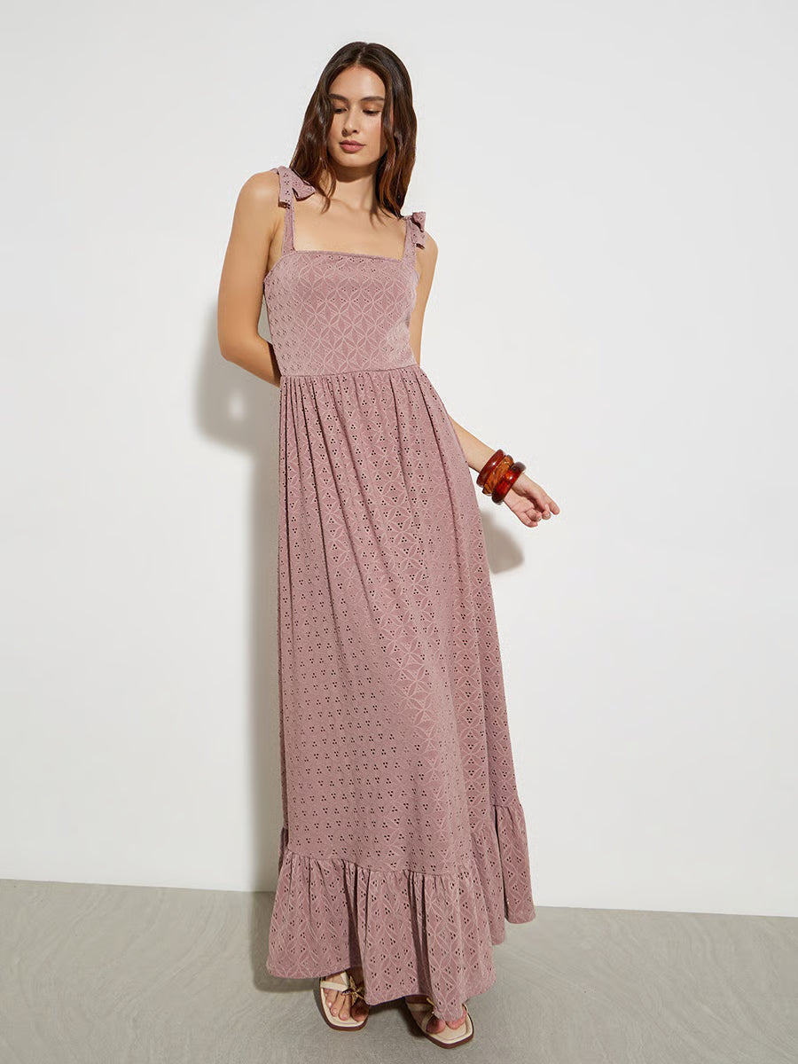 Dusty Rose Eyelet Lace Tie-Strap Maxi Dress