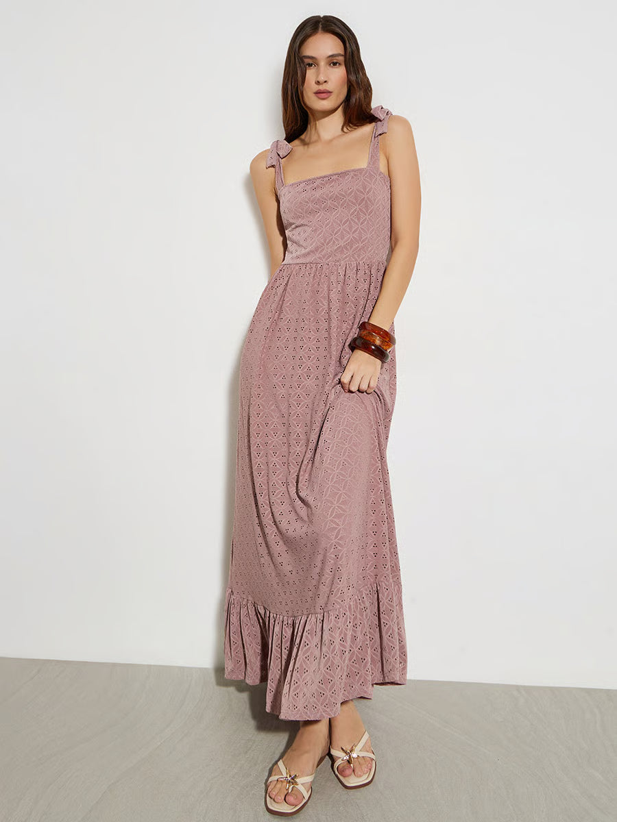 Dusty Rose Eyelet Lace Tie-Strap Maxi Dress