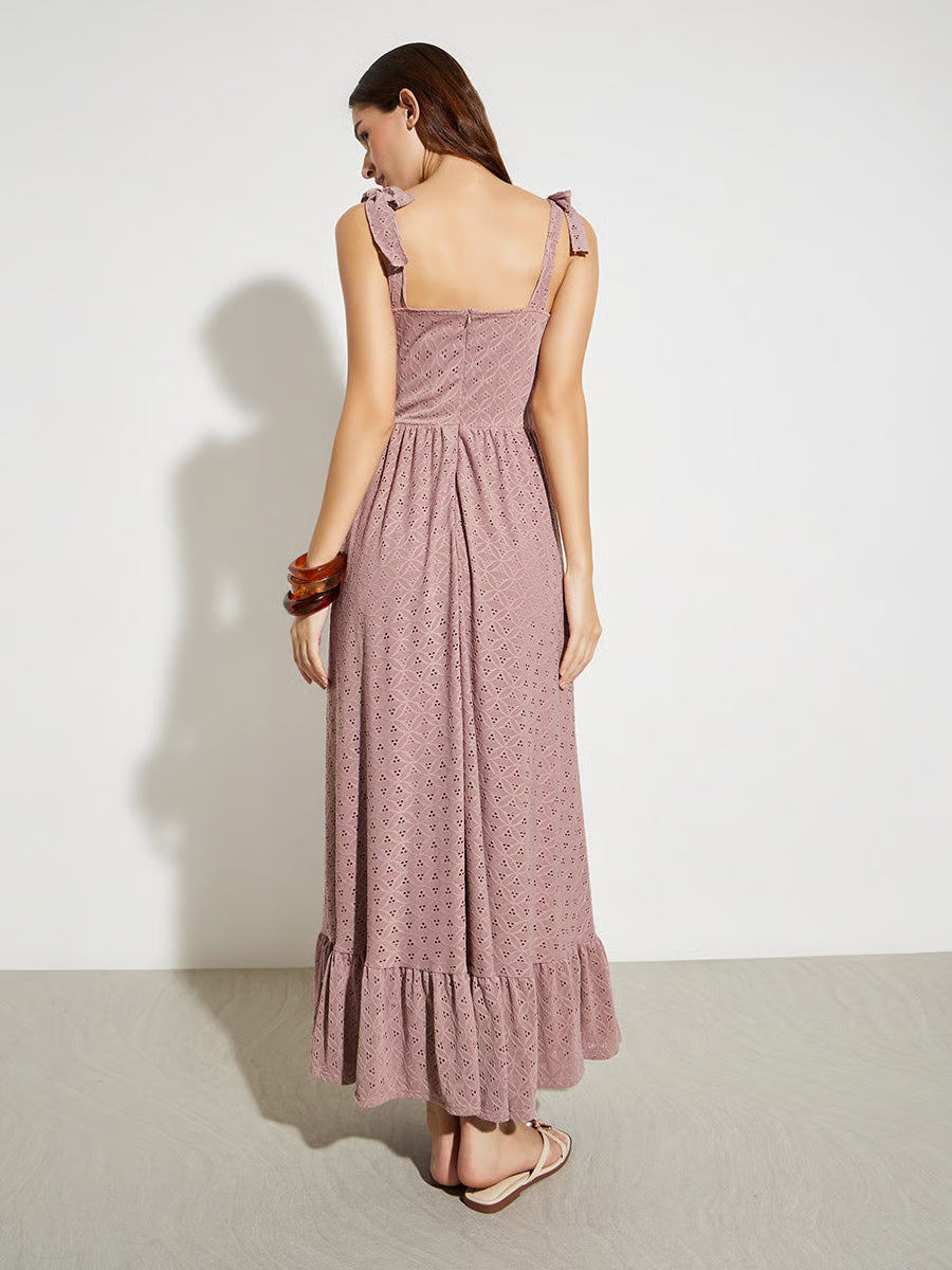 Dusty Rose Eyelet Lace Tie-Strap Maxi Dress