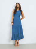 Blue Ruffle Detail Eyelet Tiered Maxi Dress