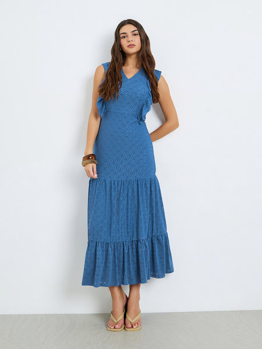 Blue Ruffle Detail Eyelet Tiered Maxi Dress