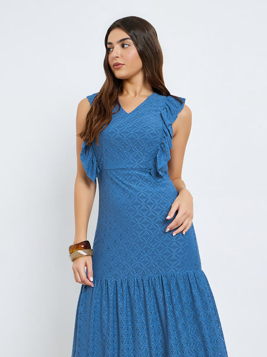 Blue Ruffle Detail Eyelet Tiered Maxi Dress