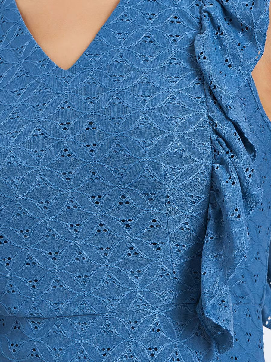 Blue Ruffle Detail Eyelet Tiered Maxi Dress