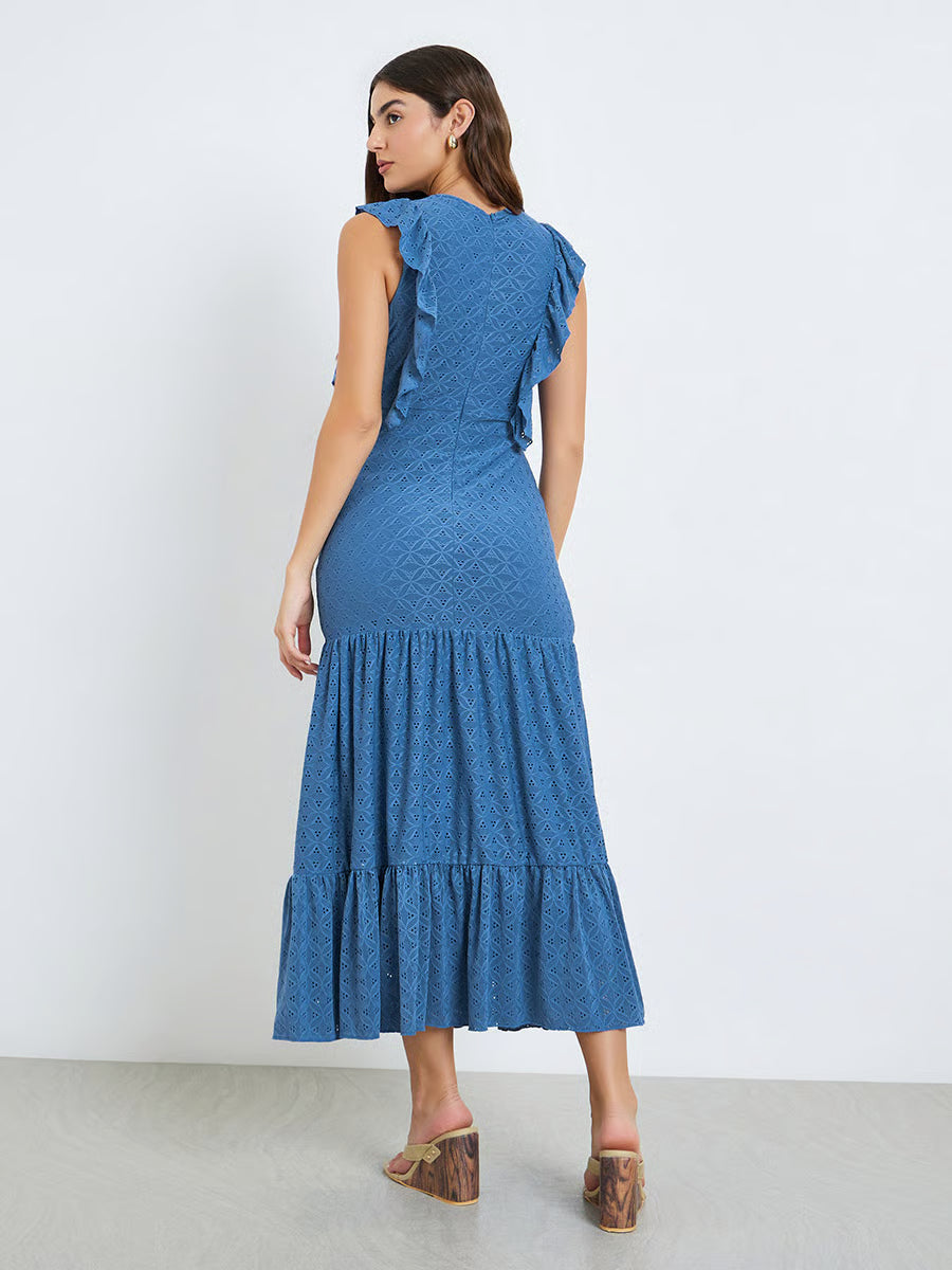 Blue Ruffle Detail Eyelet Tiered Maxi Dress