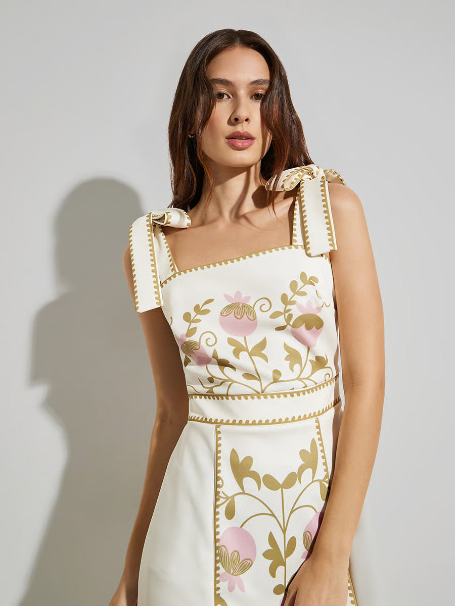 White Floral Midi Dress with Tie-Strap