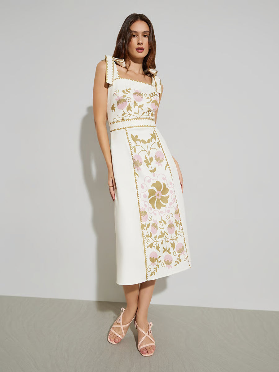 White Floral Midi Dress with Tie-Strap
